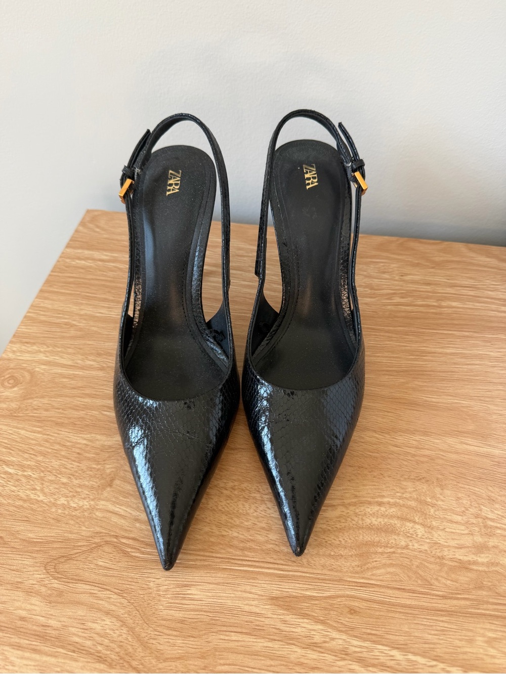 Zara Black Textured Pointed Slingback Heels - Picture 2 of 4